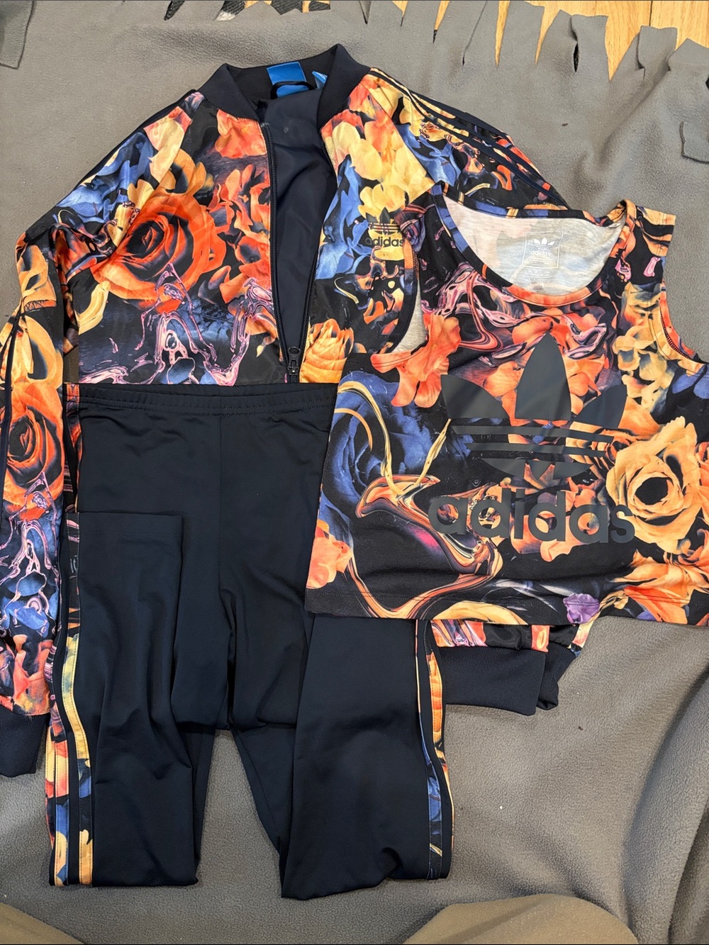 adidas Black Floral Print Track Jacket, Tank & Joggers Set
